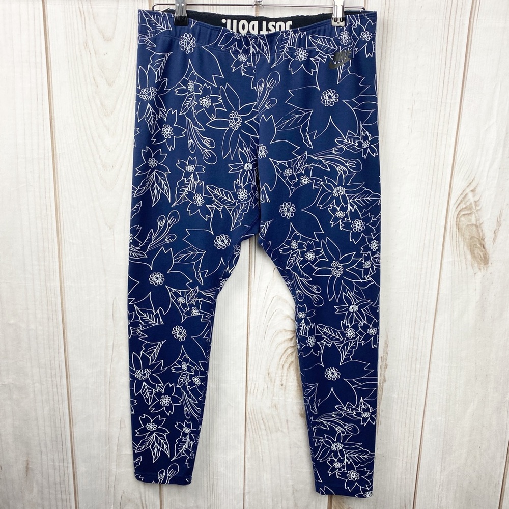 NIKE Navy Blue/White Floral Leggings - Large